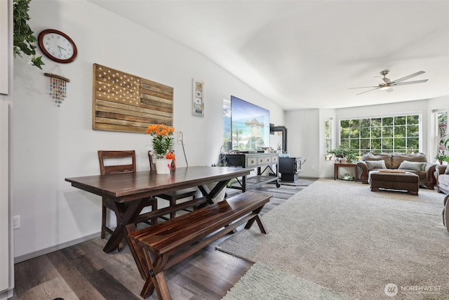 822 Filbert Rd, Cle Elum, WA 98922 - dining area with dark wood-type flooring, a ceiling fan, lofted ceiling, and an office area