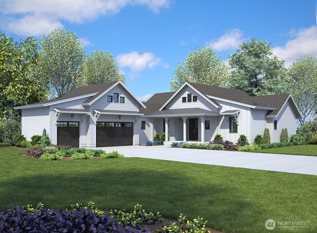29512 152nd Ave E, Graham, WA 98338 - modern inspired farmhouse featuring board and batten siding, a porch, a front lawn, and a garage