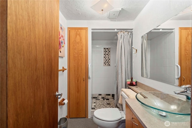 245 Lakeview Ave, Orondo, WA 98843 - bathroom with vanity, a stall shower, toilet, and a textured ceiling