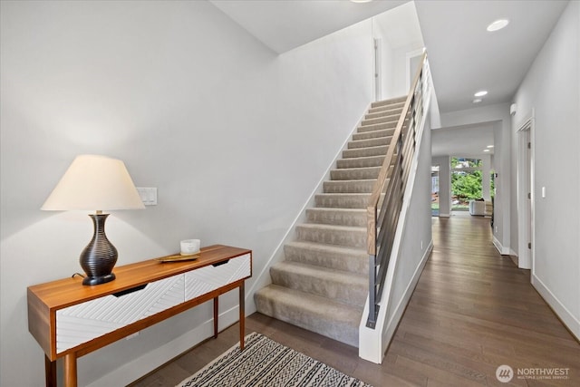 12126NE 106th Pl, Kirkland, WA 98033 - staircase with wood finished floors, recessed lighting, and baseboards
