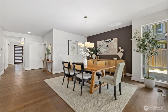 12126NE 106th Pl, Kirkland, WA 98033 - dining space featuring dark wood-type flooring, a chandelier, baseboards, and recessed lighting