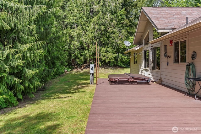 19243 Kiona Rd, Randle, WA 98377 - wooden deck featuring a covered hot tub and a lawn