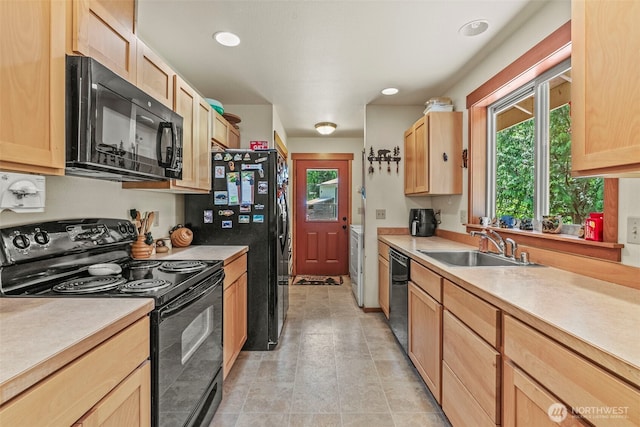 19243 Kiona Rd, Randle, WA 98377 - kitchen featuring black appliances, a sink, light brown cabinets, and recessed lighting