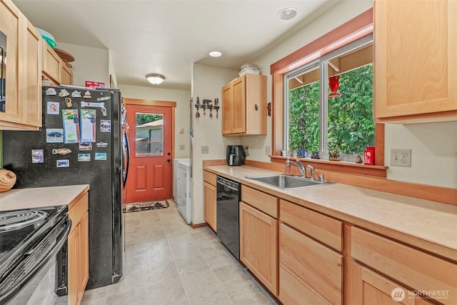19243 Kiona Rd, Randle, WA 98377 - kitchen with black appliances, light brown cabinets, a sink, and light countertops
