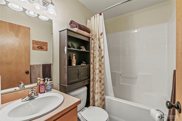 19243 Kiona Rd, Randle, WA 98377 - full bath with toilet, vanity, shower / bath combo, and a textured wall