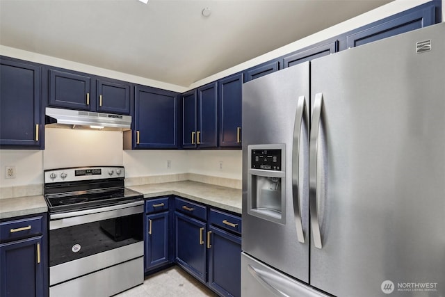 8411 68th Avenue Ct SW, Lakewood, WA 98499 - kitchen with appliances with stainless steel finishes, under cabinet range hood, blue cabinets, and light countertops