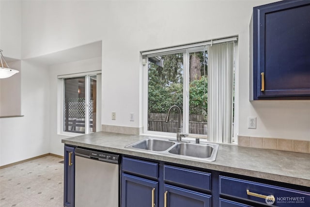 8411 68th Avenue Ct SW, Lakewood, WA 98499 - kitchen with stainless steel dishwasher, blue cabinetry, a sink, and baseboards
