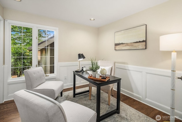 24228 SE 47th St, Sammamish, WA 98029 - living area featuring wainscoting, wood finished floors, recessed lighting, and a decorative wall