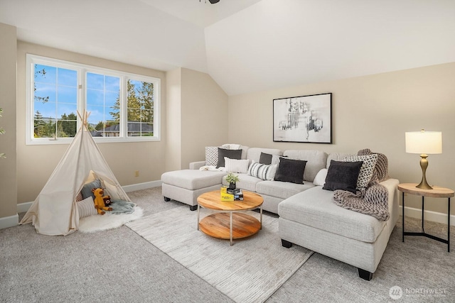 24228 SE 47th St, Sammamish, WA 98029 - living room featuring carpet floors, baseboards, and vaulted ceiling