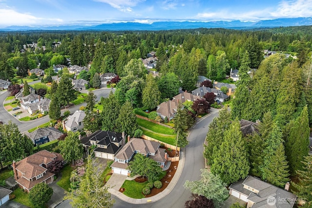 24228 SE 47th St, Sammamish, WA 98029 - aerial perspective of suburban area with a heavily wooded area and a mountain backdrop