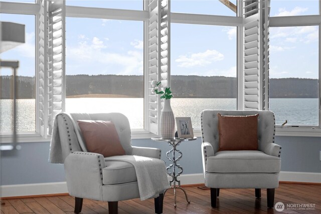 4486 E Harbor Rd, Freeland, WA 98249 - living area with baseboards, hardwood / wood-style flooring, plenty of natural light, and a water view