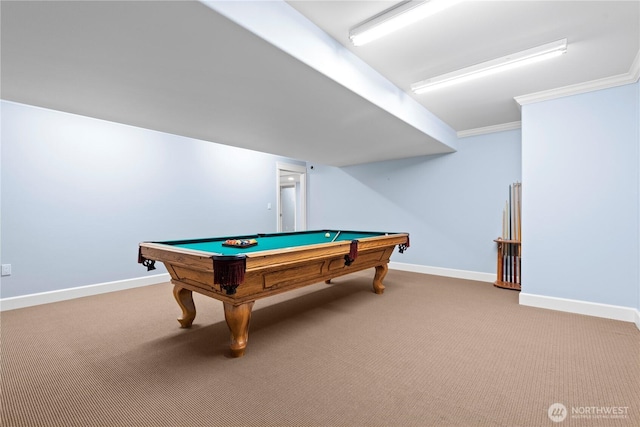 4486 E Harbor Rd, Freeland, WA 98249 - rec room featuring billiards, carpet floors, baseboards, and ornamental molding