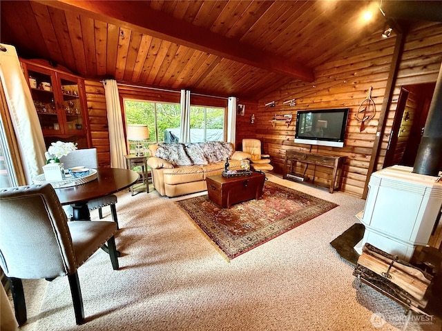 71 N Potlatch Dr N, Hoodsport, WA 98548 - living area with log walls, carpet, and wood ceiling