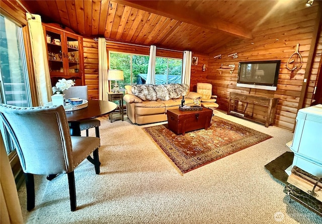 71 N Potlatch Dr N, Hoodsport, WA 98548 - living room with rustic walls, wooden ceiling, and carpet floors