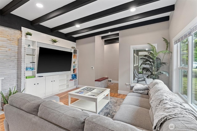 18568 Densmore Ave N, Shoreline, WA 98133 - living area featuring beamed ceiling, wood finished floors, and recessed lighting