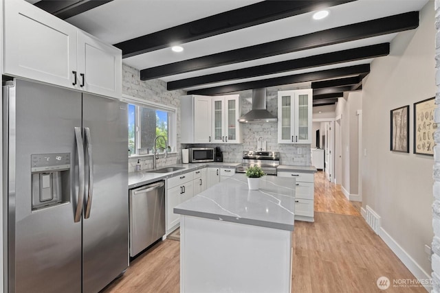 18568 Densmore Ave N, Shoreline, WA 98133 - kitchen with appliances with stainless steel finishes, wall chimney exhaust hood, tasteful backsplash, white cabinetry, and beam ceiling