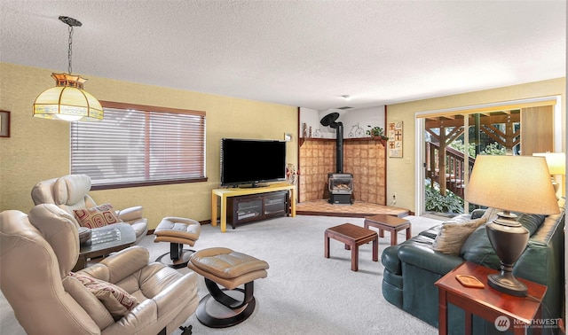 3026 E Alpine Dr, Bellingham, WA 98226 - carpeted living area featuring a wood stove and a textured ceiling