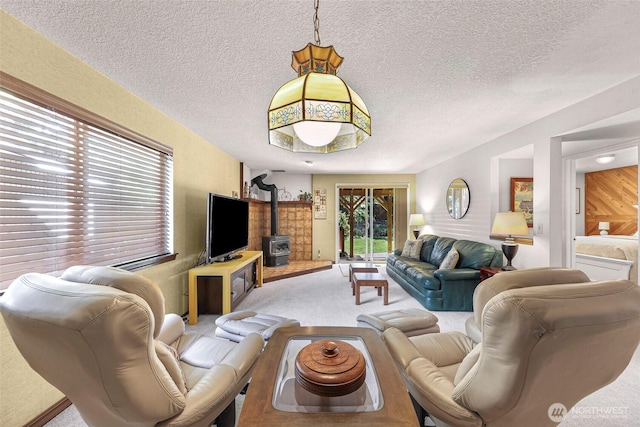 3026 E Alpine Dr, Bellingham, WA 98226 - living area with a wood stove, carpet, and a textured ceiling
