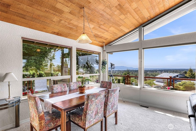3026 E Alpine Dr, Bellingham, WA 98226 - sunroom featuring wooden ceiling, lofted ceiling, a textured wall, carpet flooring, and a mountain view