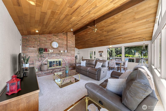 3026 E Alpine Dr, Bellingham, WA 98226 - living room with a brick fireplace, lofted ceiling, carpet, wood ceiling, and ceiling fan