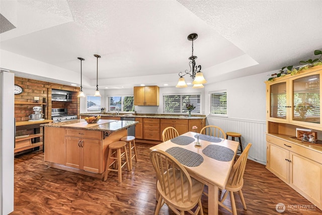 3026 E Alpine Dr, Bellingham, WA 98226 - dining area with a textured ceiling, dark wood-style flooring, a wainscoted wall, a chandelier, and a tray ceiling