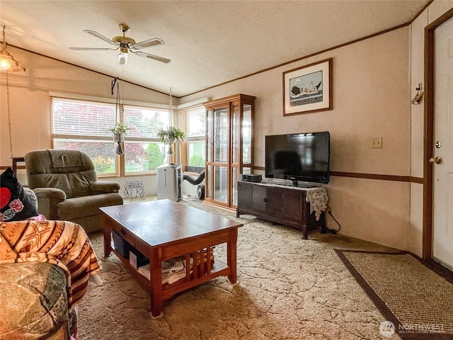 31600 126th Ave SE Unit 129, Auburn, WA 98092 - living area featuring vaulted ceiling, a ceiling fan, ornamental molding, carpet floors, and a textured ceiling