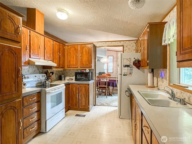 31600 126th Ave SE Unit 129, Auburn, WA 98092 - kitchen featuring white appliances, under cabinet range hood, a sink, brown cabinetry, and light countertops