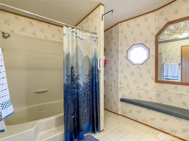 31600 126th Ave SE Unit 129, Auburn, WA 98092 - full bathroom featuring tile patterned floors, shower / bath combo with shower curtain, crown molding, wallpapered walls, and a textured ceiling