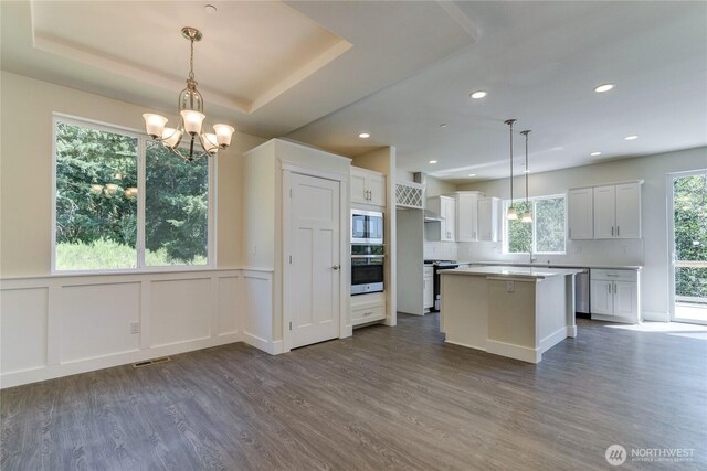 2403 79th Ave SE Unit 110, Tumwater, WA 98501 - kitchen with appliances with stainless steel finishes, white cabinets, dark wood-style floors, a chandelier, and a kitchen island