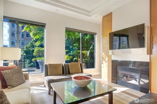2721 1st Ave Unit Ph06, Seattle, WA 98121 - living room featuring healthy amount of natural light and a glass covered fireplace