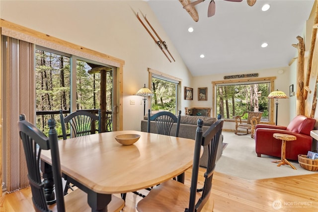 98 Homestead Rd, Winthrop, WA 98862 - dining room with recessed lighting, high vaulted ceiling, a ceiling fan, and light wood-style flooring