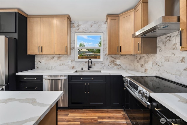 4821 S 364th St, Auburn, WA 98001 - kitchen featuring appliances with stainless steel finishes, wall chimney exhaust hood, light stone counters, and a sink