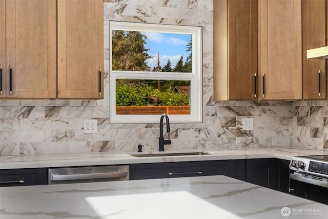 4821 S 364th St, Auburn, WA 98001 - kitchen with a sink, decorative backsplash, stainless steel appliances, and light stone countertops