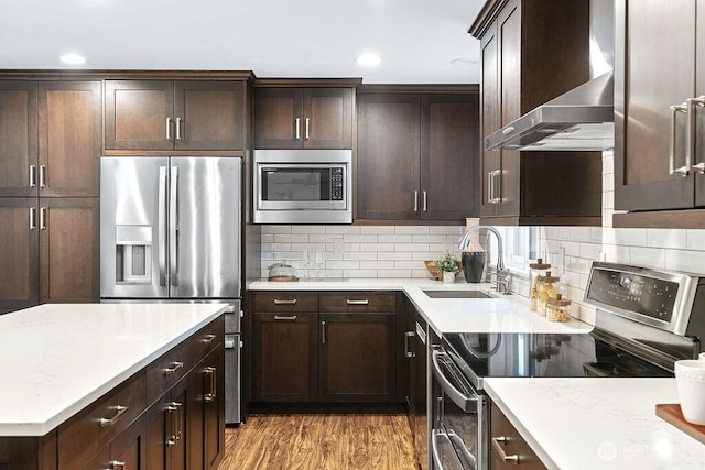 14520 78th Ave NE, Kenmore, WA 98028 - kitchen featuring stainless steel appliances, wall chimney exhaust hood, a sink, dark brown cabinets, and decorative backsplash