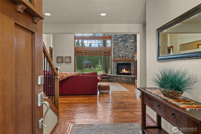 2101 Coal Mine Way, Cle Elum, WA 98922 - entrance foyer with hardwood / wood-style floors, a fireplace, stairs, and recessed lighting