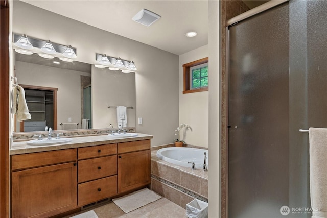 2101 Coal Mine Way, Cle Elum, WA 98922 - full bath with a stall shower, double vanity, a bath, and tile patterned floors