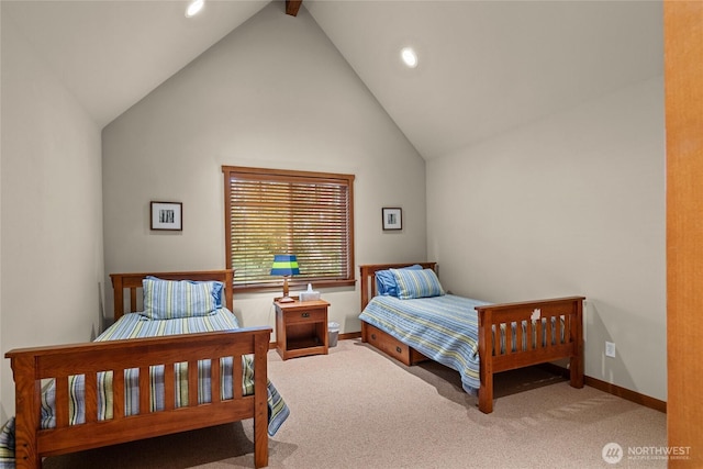 2101 Coal Mine Way, Cle Elum, WA 98922 - carpeted bedroom featuring baseboards, recessed lighting, beamed ceiling, and high vaulted ceiling