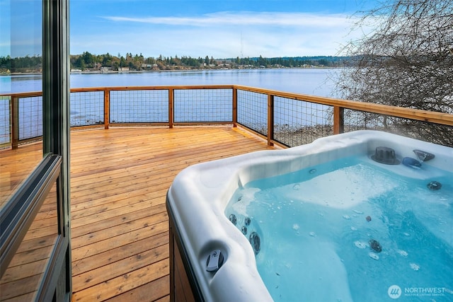 8811 SW Quartermaster Dr, Vashon, WA 98070 - wooden terrace featuring a water view and a hot tub