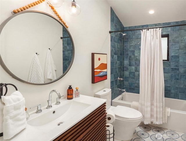 8811 SW Quartermaster Dr, Vashon, WA 98070 - full bath featuring shower / bathtub combination with curtain, toilet, vanity, tile patterned floors, and vaulted ceiling