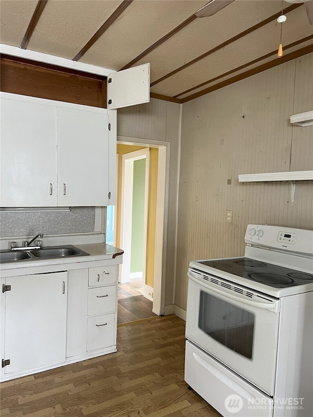 211 E Cherry St, Centralia, WA 98531 - kitchen with white range with electric cooktop, a sink, white cabinetry, dark wood-style floors, and wooden walls