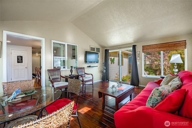 8459 Catalina Ct, Blaine, WA 98230 - living area with hardwood / wood-style flooring, vaulted ceiling, baseboards, and a textured ceiling