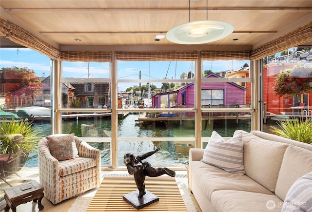 2466 Westlake Ave N Unit 5, Seattle, WA 98109 - sunroom featuring a water view and wood ceiling with exposed beams