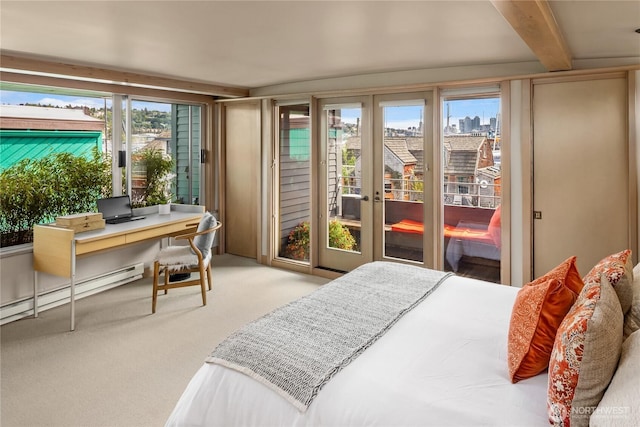 2466 Westlake Ave N Unit 5, Seattle, WA 98109 - carpeted bedroom featuring access to outside, a baseboard heating unit, an office area, beam ceiling, and a view of city