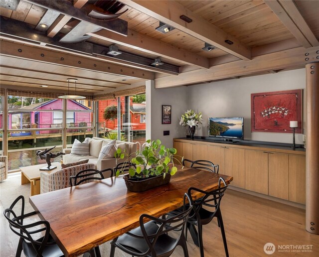 2466 Westlake Ave N Unit 5, Seattle, WA 98109 - dining room featuring light wood-style flooring and wooden ceiling with exposed beams