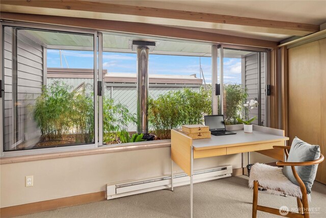 2466 Westlake Ave N Unit 5, Seattle, WA 98109 - carpeted office with a baseboard heating unit and beamed ceiling