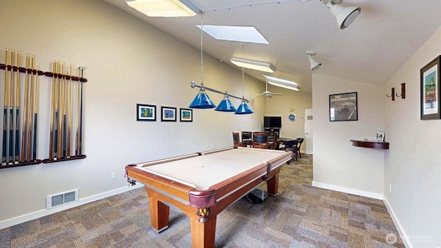 14028 Evergreen Way, Stanwood, WA 98292 - rec room with vaulted ceiling, billiards, carpet flooring, a skylight, and ceiling fan