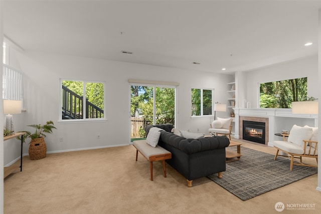 2024 N 145th St, Shoreline, WA 98133 - living room with a fireplace, baseboards, light carpet, recessed lighting, and built in features