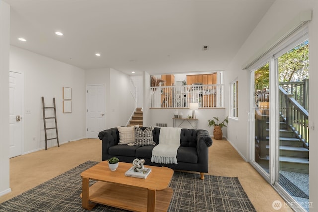 2024 N 145th St, Shoreline, WA 98133 - living room with stairs, light carpet, recessed lighting, and baseboards
