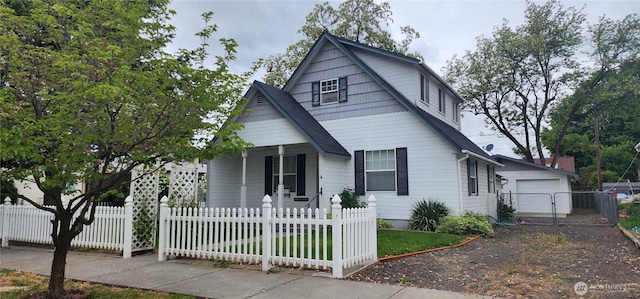 405 E Park St, Dayton, WA 99328 - view of front of property featuring a porch, a gate, a fenced front yard, a detached garage, and roof with shingles