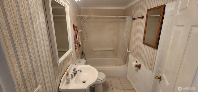 405 E Park St, Dayton, WA 99328 - full bathroom with ornamental molding, wallpapered walls, shower / bath combination with curtain, toilet, and tile patterned floors